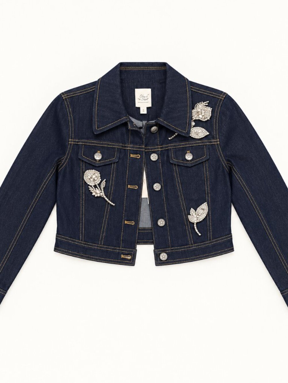 Cinq à Sept Crystal Floral Indigo Denim Jacket NWT Size S